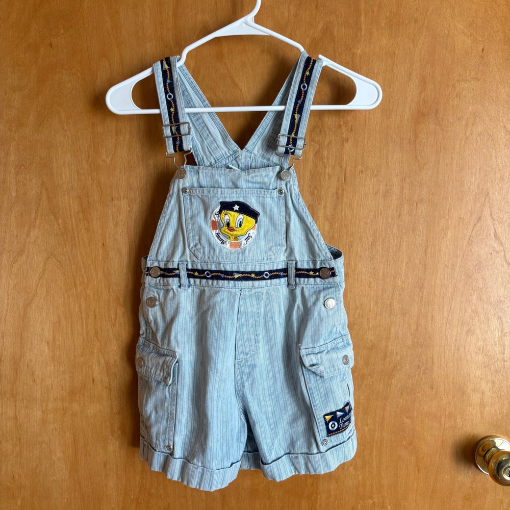 Looney Tunes Tweety Bird Shortalls Kids Size 8 Light Blue Nautical Denim